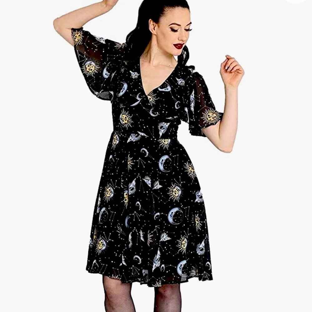 Sun Moon Stars Black Chiffon Dress S